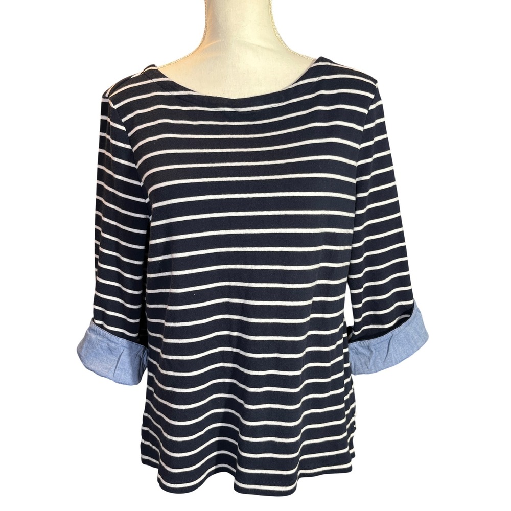 Nautica Preppy XL Navy Blue White Striped Boat Neck 3/4 Sleeve Minimalist Top